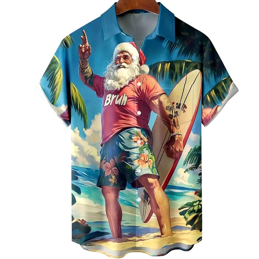 Men's 2XL Christmas Surfing Santa Hawaiian Shirt Button-Up Shirt w Pocket #F